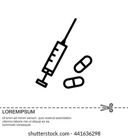 Web line icon. Syringe and tablets.