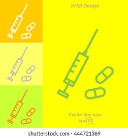 Web line icon. Syringe and tablets.