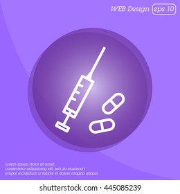 Web line icon. Syringe and tablets.