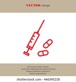 Web line icon. Syringe and tablets.
