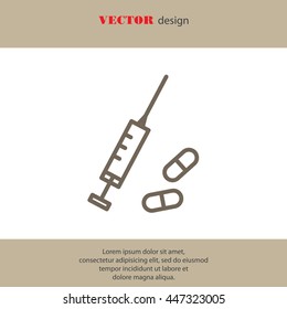 Web line icon. Syringe and tablets.