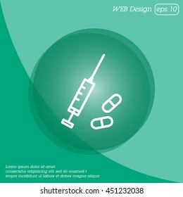 Web line icon. Syringe and tablets.