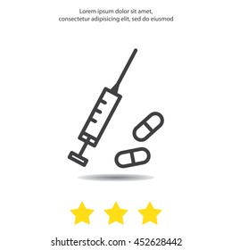 Web line icon. Syringe and tablets.