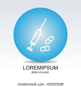 Web line icon. Syringe and tablets.
