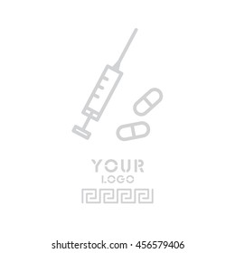 Web line icon. Syringe and tablets.