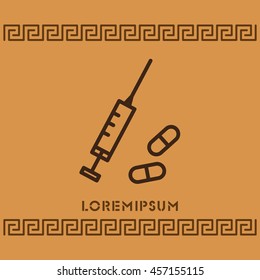 Web line icon. Syringe and tablets.