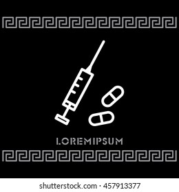 Web line icon. Syringe and tablets.