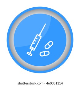 Web line icon. Syringe and tablets.