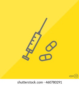 Web line icon. Syringe and tablets.