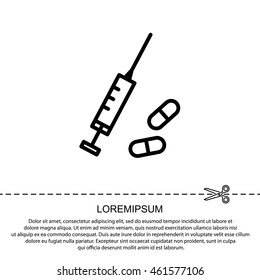 Web line icon. Syringe and tablets.