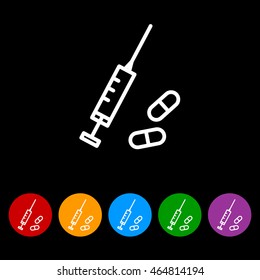 Web line icon. Syringe and tablets.
