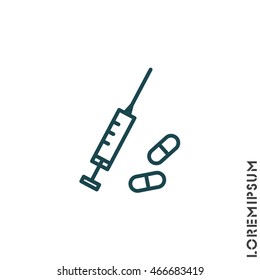 Web line icon. Syringe and tablets.