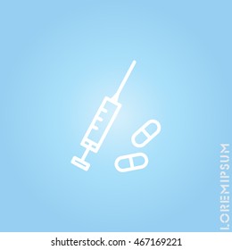 Web line icon. Syringe and tablets.