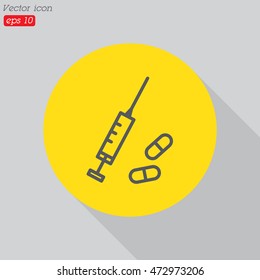 Web line icon. Syringe and tablets.