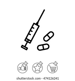Web line icon. Syringe and tablets.