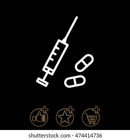 Web line icon. Syringe and tablets.