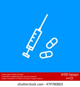 Web line icon. Syringe and tablets.