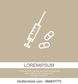 Web line icon. Syringe and tablets.