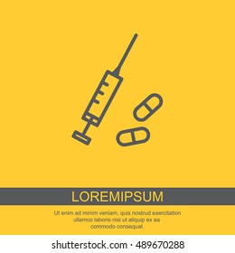 Web line icon. Syringe and tablets.