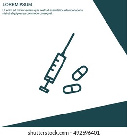 Web line icon. Syringe and tablets.