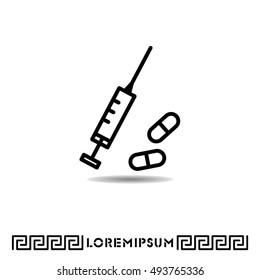 Web line icon. Syringe and tablets.