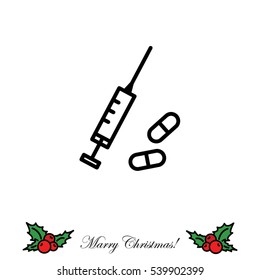 Web line icon. Syringe and tablets.