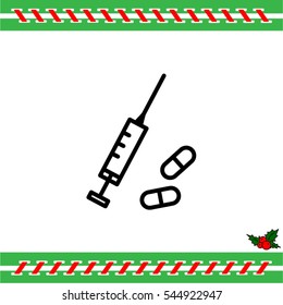 Web line icon. Syringe and tablets.