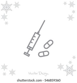 Web line icon. Syringe and tablets.