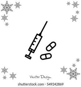 Web line icon. Syringe and tablets.