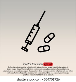 Web line icon. Syringe and tablets.