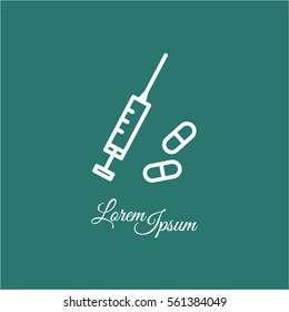 Web line icon. Syringe and tablets.
