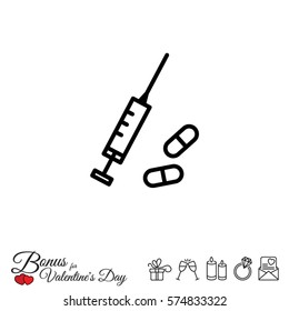 Web line icon. Syringe and tablets.