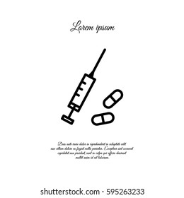 Web line icon. Syringe and tablets.