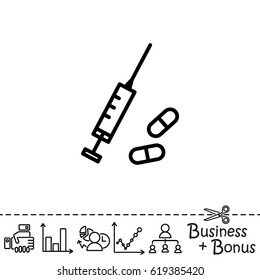 Web line icon. Syringe and tablets.