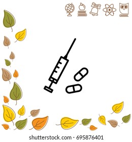 Web line icon. Syringe and tablets.