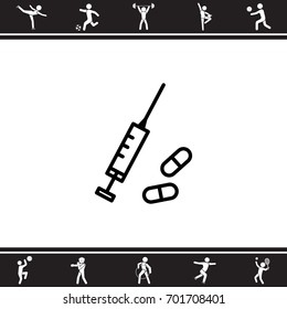 Web line icon. Syringe and tablets.
