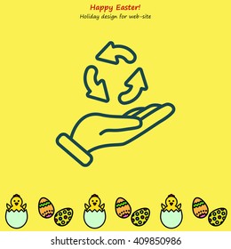 Web line icon. Three round arrows in hand (Service processing, recycling, conversion)