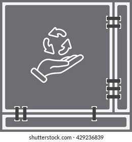 Web line icon. Three round arrows in hand (Service processing, recycling, conversion)