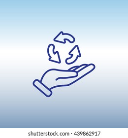 Web line icon. Three round arrows in hand (Service processing, recycling, conversion)