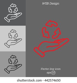 Web line icon. Three round arrows in hand (Service processing, recycling, conversion)