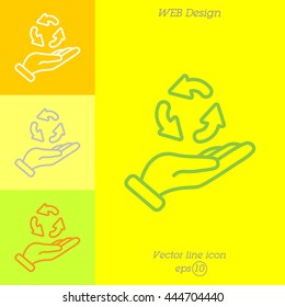 Web line icon. Three round arrows in hand (Service processing, recycling, conversion)
