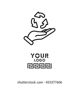 Web line icon. Three round arrows in hand (Service processing, recycling, conversion)