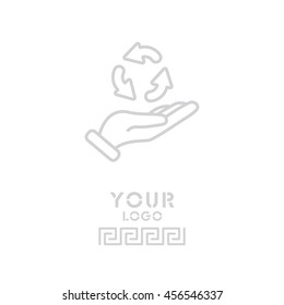 Web line icon. Three round arrows in hand (Service processing, recycling, conversion)