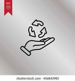 Web line icon. Three round arrows in hand (Service processing, recycling, conversion)