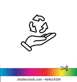 Web line icon. Three round arrows in hand (Service processing, recycling, conversion)