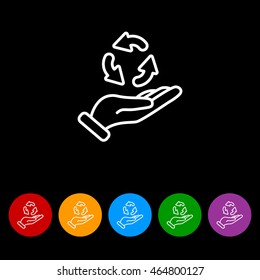 Web line icon. Three round arrows in hand (Service processing, recycling, conversion)