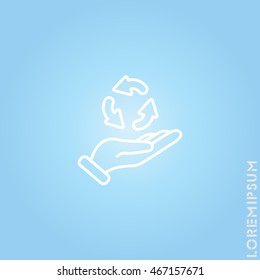 Web line icon. Three round arrows in hand (Service processing, recycling, conversion)