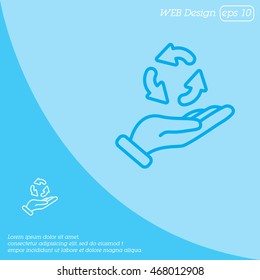 Web line icon. Three round arrows in hand (Service processing, recycling, conversion)