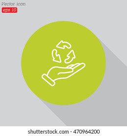 Web line icon. Three round arrows in hand (Service processing, recycling, conversion)