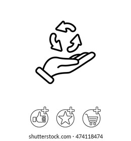 Web line icon. Three round arrows in hand (Service processing, recycling, conversion)